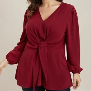 Solid V Neck Lantern Sleeve Knotted Front Blouse 14/16. Bright red.